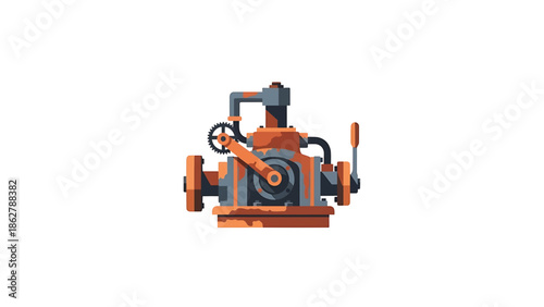 A stylized illustration depicting an industrial machine. The artwork uses a flat design aesthetic with visible grunge texture adding character