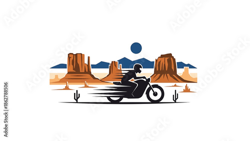 A stylized illustration depicting a motorcycle speeding through a desert landscape with iconic buttes, cacti, and a silhouetted rider under the sun