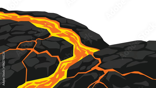 A stylized illustration depicting flowing magma coursing through cracked black rocks against a white background, creating a volcanic scene