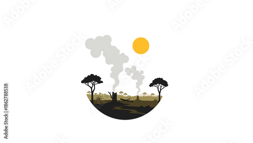 A stylized illustration depicting deforestation in an African savanna. Smoke billows from stumps, sun shines, and trees frame the scene