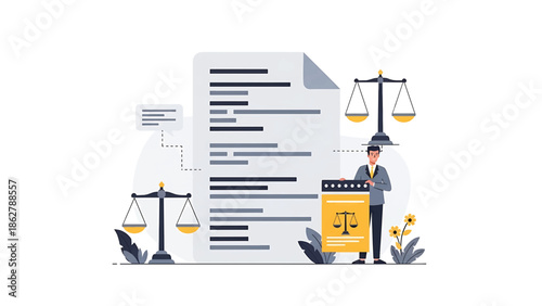 A stylized illustration depicting legal concepts. A person stands near a document and a balance scale, representing justice and law