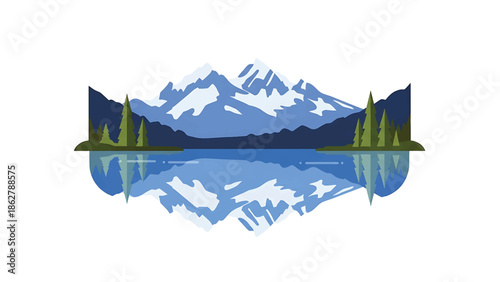 A stylized illustration depicting mountains reflecting in a lake, flanked by islands with trees, creating a symmetrical design