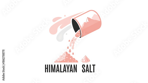 A stylized illustration depicting pink granules being poured from a container with a mountain image, suggesting a natural origin. The phrase 'Himalayan Salt' is presented below