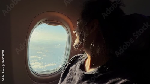 Happy young woman traveling by airplane looking out the window
