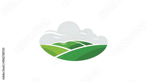 A stylized illustration depicting rolling green hills under a cloudy sky, forming an enclosed landscape scene. It uses a minimalist style