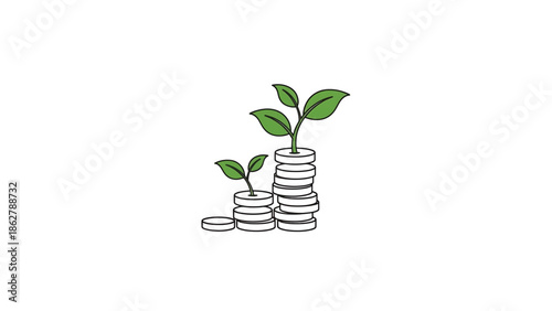 A stylized illustration depicting stacked coins with growing green plants, symbolizing financial growth and investment. The image is clean and simple