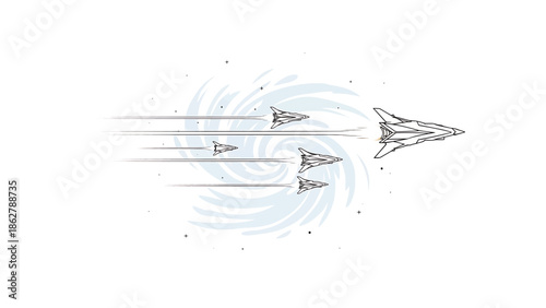 A stylized illustration depicting space ships flying past a celestial phenomenon, possibly a wormhole or galaxy. The line art style conveys speed