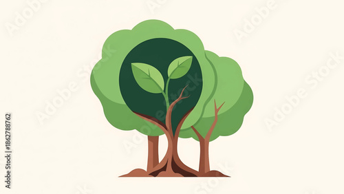 A stylized illustration depicting three trees. The central tree has a circle containing leaves. Green canopy, brown trunks, on a beige ground