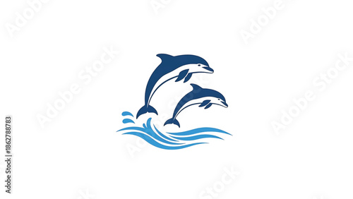 A stylized illustration depicting two leaping marine mammals emerging from water. The image features shades of blue on a white background