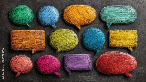 Colorful crayon speech bubble frames for creative dialogue or chat illustrations in a playful design for various communication projects