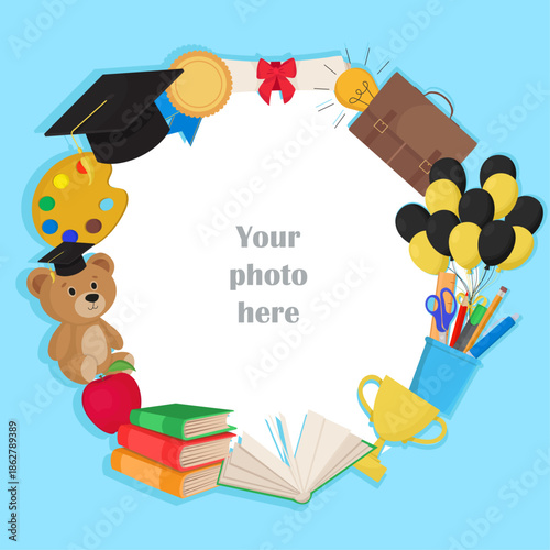 Graduation photo circular frame with school elements supplies balloons academic hat diplima briefcase books