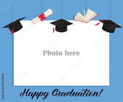 Graduation photo frame template hanging academic hat diploma book school vibrant design