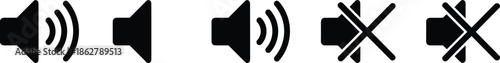 Sound volume icons set with speaker loud mute audio control symbols vector illustration minimal black style