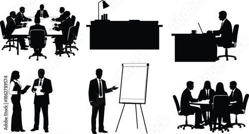 Corporate business meeting silhouettes, office presentation and teamwork scenes, professional workspace communication, executives collaborating, desk work and conference illustration set