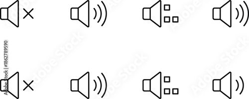 Speaker volume audio control icon set mute unmute sound wave interface symbols outline minimal black