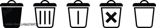 Trash bin delete icon set with solid and outline styles for user interface design