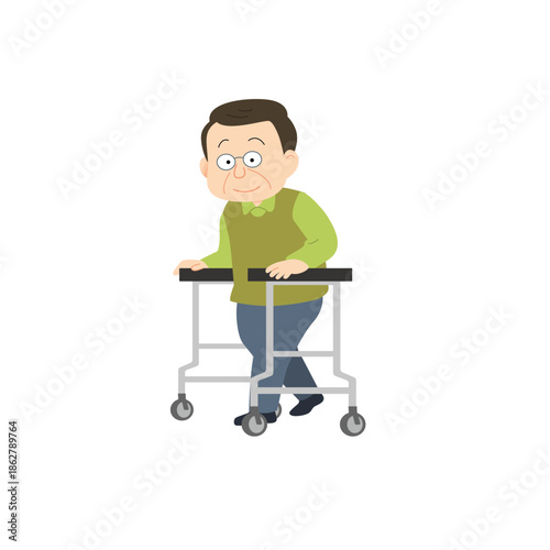 歩行器を使うシニア男性のイラスト