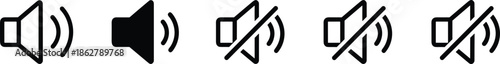 Volume sound icons set with speaker mute unmute audio control symbols vector illustration minimal black style