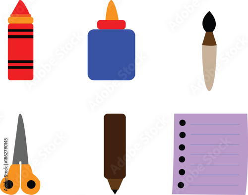 Collection of school and art supplies including scissors, crayon, glue, marker, paintbrush, and notepad