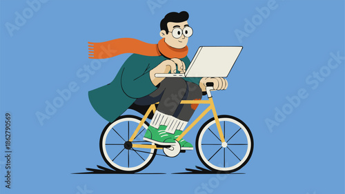 A man riding a bicycle while working on a laptop,