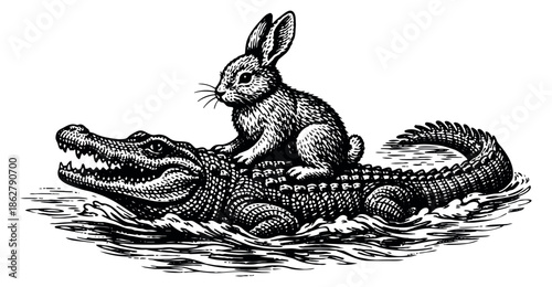Hand drawn line art illustration of a rabbit on an alligator depicting a whimsical journey for a fantasy concept