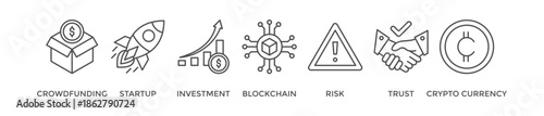 ICO banner web icon vector illustration concept of initial coin offering with icon of crowdfunding, startup, investment, blockchain, risk, trust and cypto currency