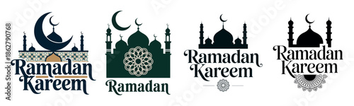 Ramadan kareem heavy typography blue mosque silhouette decorative frame greeting card background design