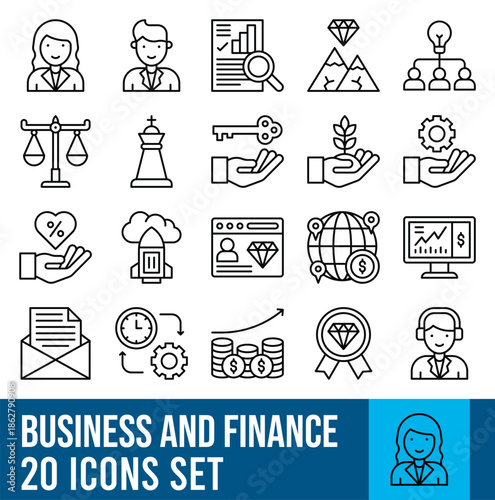 Business Management Strategy And Finance Icons Set Isolated Vector Lineal Style Icon.