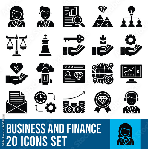 Business Management Strategy And Finance Icons Set Isolated Vector Black Solid Style Icon.