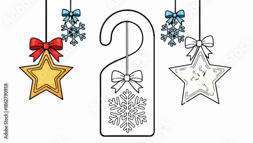 A door hanger with festive star and snowflake decorations