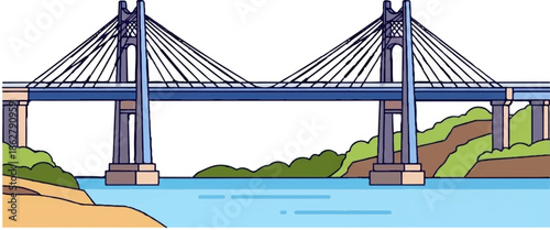 A drawing of a suspension bridge over water, flanked by green hills and a sandy shore