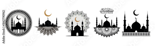 Ramadan black mosque silhouette vintage corner frame minimalist design background isolated white graphic