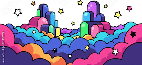 A dreamscape of swirling, vibrant clouds and candy-shaped structures under a starry sky