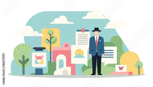 Businessman navigating a landscape of abstract ideas and communication elements, embodying strategic planning