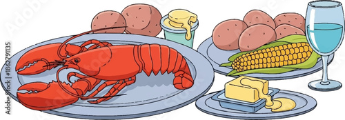 A feast of lobster, corn, potatoes, butter, and a drink awaits