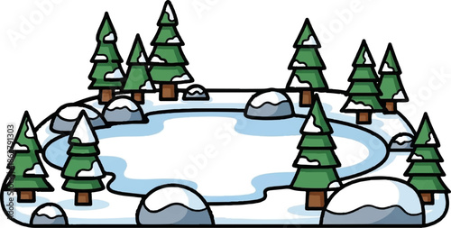 A cute cartoon illustration of a winter landscape with snow-covered pine trees, rocks, and an ice pond