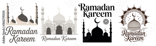 Collection of Ramadan Kareem emblems showcasing stylized mosque silhouettes under crescent moons