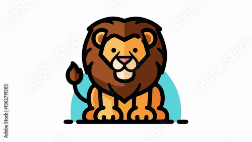 A cute cartoon lion with a brown mane sits in front of a blue background