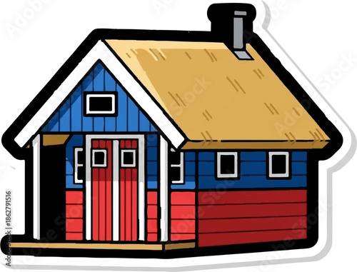 A charming, hand-drawn, cartoon-style cottage with blue and red walls, a thatched roof, and a red door