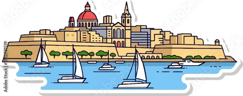 A charming harbor scene with sailboats and a historic city skyline