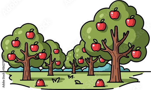 A charming illustration depicts an apple orchard with ripe red apples on trees and a few fallen on the green grass