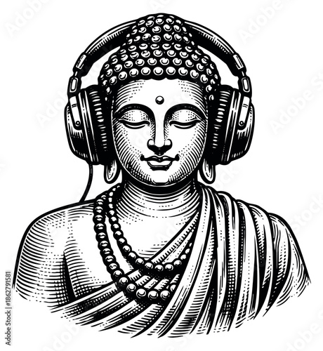 Hand drawn line art illustration of Buddha depicting meditation with headphones for spiritual music and modern culture