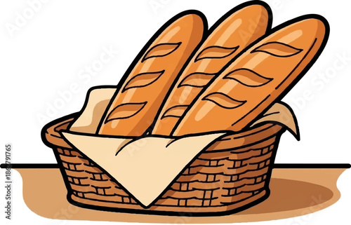 A basket overflows with three golden-brown loaves of bread, each marked with diagonal slashes, resting on a pale cloth