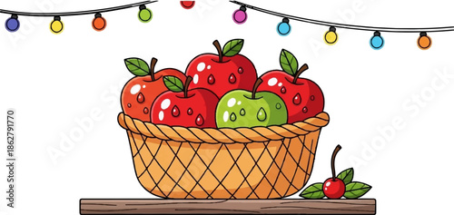 A basket overflows with red and green apples, a cherry with leaves rests nearby, festive lights sparkle overhead