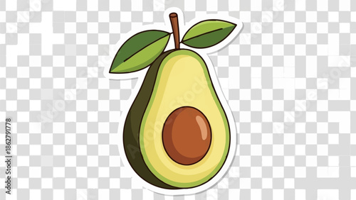 A cartoon illustration of a halved avocado with a large pit and two green leaves