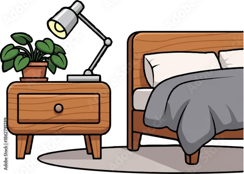 A bedside table with a lamp and plant next to a bed