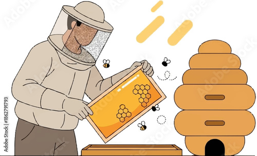 A beekeeper in protective gear inspects a honeycomb frame near a beehive, surrounded by flying bees