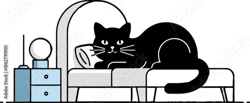 A black cat lounges on a modern couch next to a nightstand with a lamp