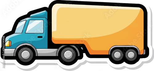 A colorful, cartoon-style illustration of a delivery truck with a blue cab and orange cargo area, isolated