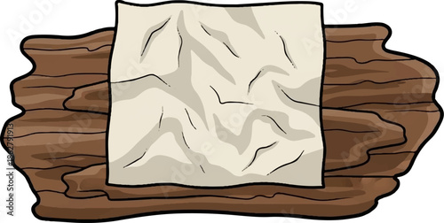 A blank, crumpled parchment rests on a rustic, carved wooden plank